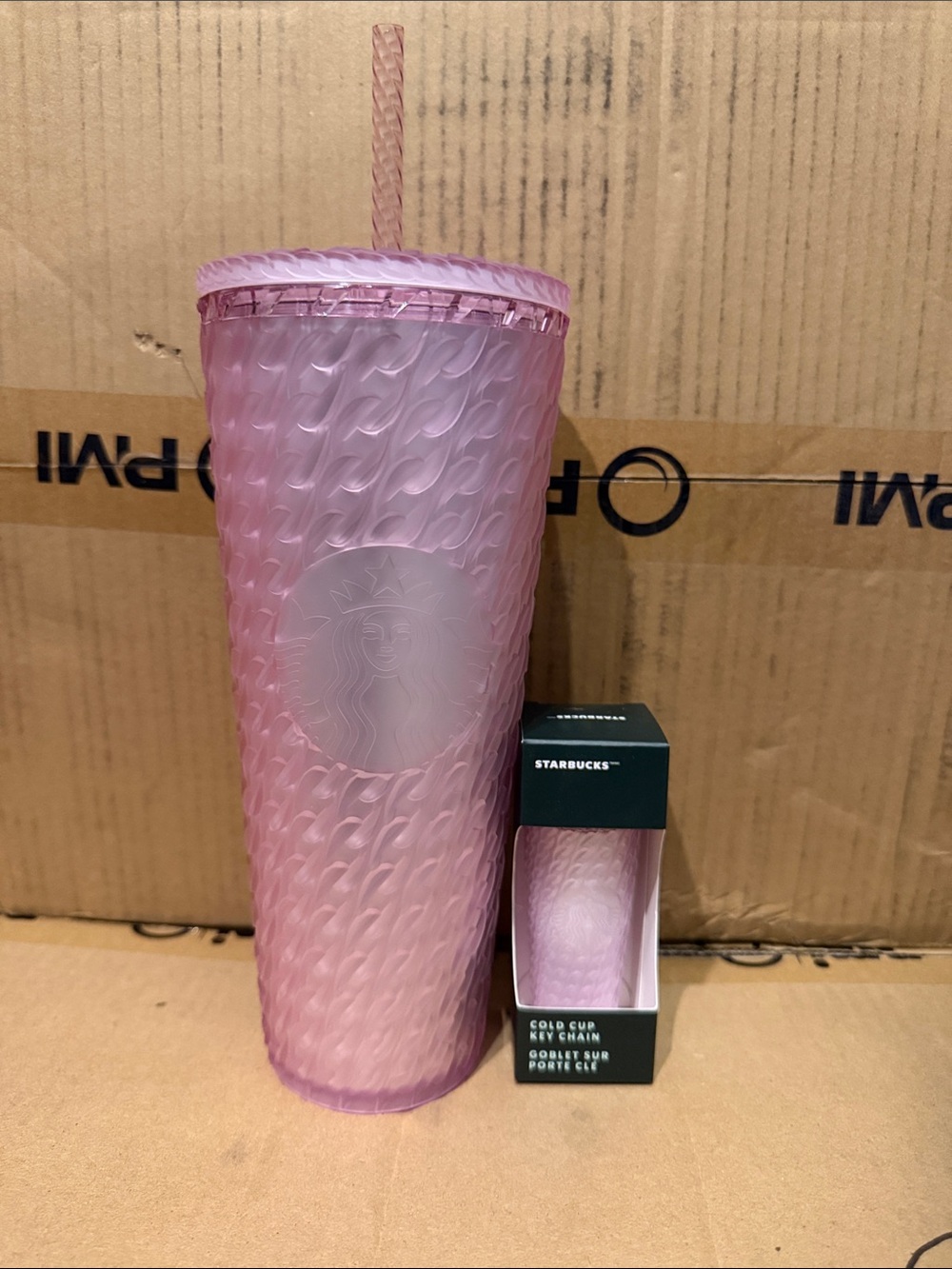 Set - Starbucks Pink Textured Cold Cup with Matching Straw and Logo